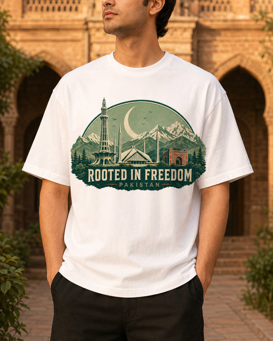 A man wearing a white crewneck t-shirt with a green and beige graphic print that reads 'ROOTED IN FREEDOM PAKISTAN' featuring illustrations of the Pakistan Tower, crescent moon, and mountains, set against a blurred background of a historic stone building.